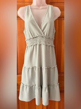 006- American Eagle Outfitters Light Green Striped Tiered Midi Dress